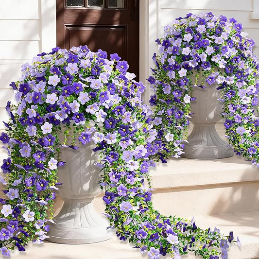 Waipfaru 8 Pcs Artificial Hanging Flowers for Outdoors, Fake Hanging Plants for Outdoor, UV Resistant Silk Faux Violet Flowers Spring Summer Decor for Planter Porch Patio Indoor Decoration, Purple