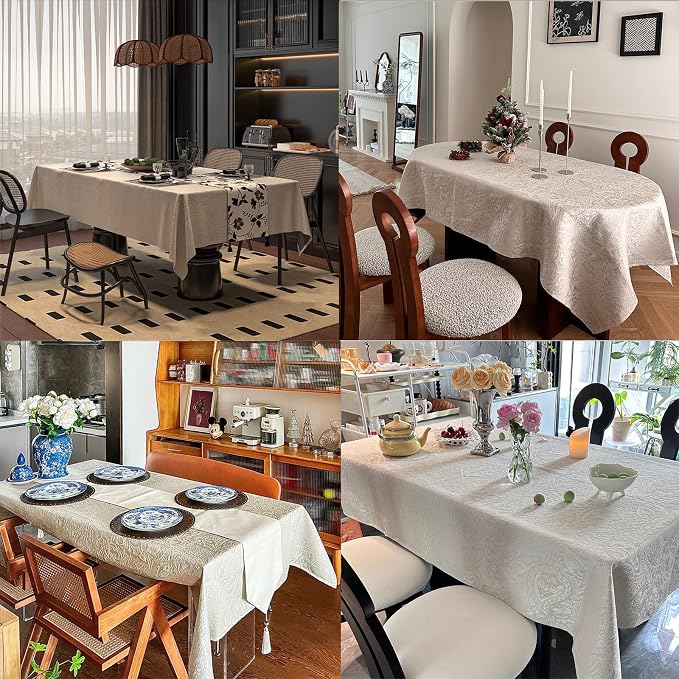 70"x140" Jacquard Fabric Tablecloth, Waterproof Table Cloth Rectangle Tables, Heavy Weight Large Dining Table Cover for Dining Room, Wedding, Parties - Milky White