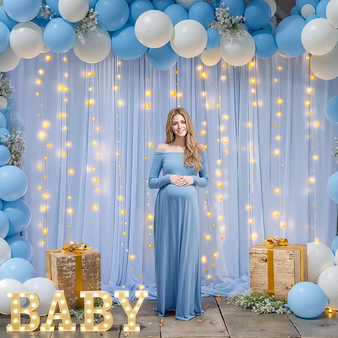 10ft x 10ft Baby Blue Chiffon Backdrop Curtain with Lights String for Parites Wedding Light Blue Curtains Photo Backdrop Drapes for Baby Shower Birthday Party Home Decorations