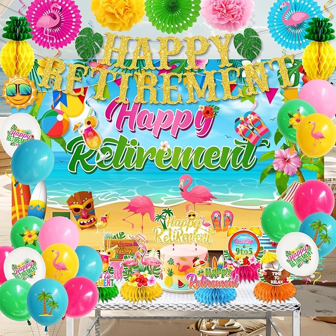 Beach Retirement Party Decorations, Aloha Party Decorations includes Happy Retirement Banner Hawaiian Backdrop and Hanging Swirls Honeycomb Centerpieces, for Aloha Decor