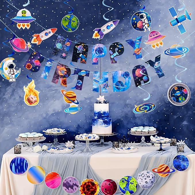 SUNBEAUTY Solar System Birthday Party Decorations Outer Space Happy Birthday Banner Planet Rocket Astronaut Hanging Swirls for Kids Boy Baby Shower First Trip Around The Sun School Supplies