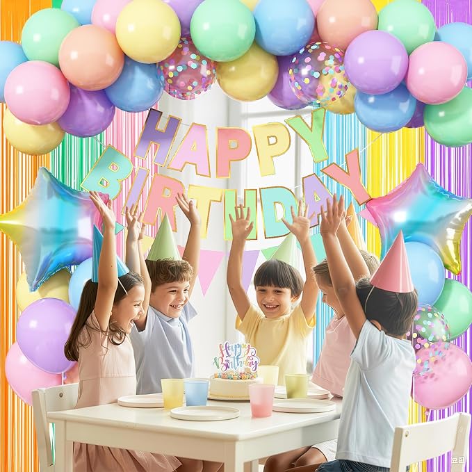 Jobkoo Pastel Birthday Decorations for Girls, Macaron Rainbow Pastel Color Balloons Reusable Happy Birthday Banner Sign Fringe Curtain Backdrop Cake Toppers for Kid Spring Baby Shower Party Decoration