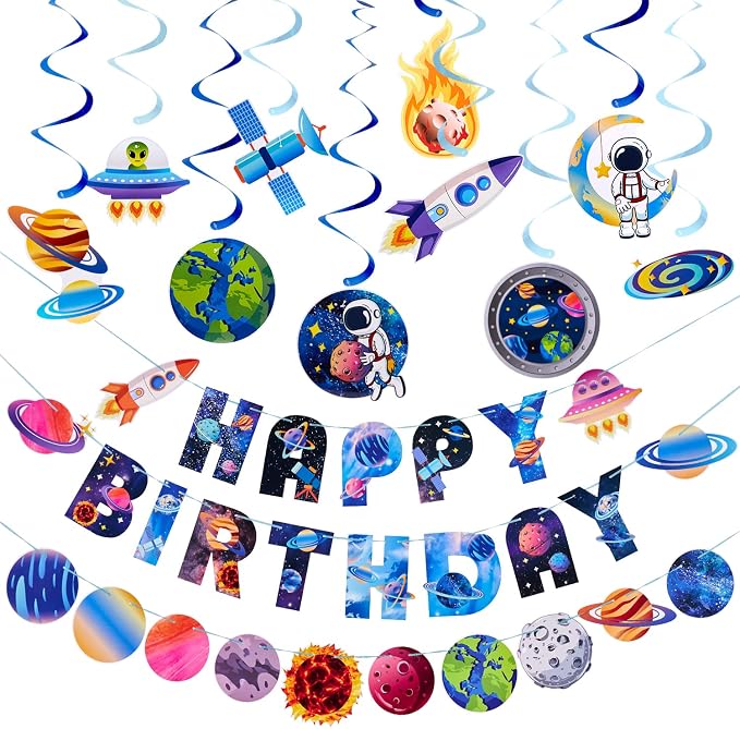 SUNBEAUTY Solar System Birthday Party Decorations Outer Space Happy Birthday Banner Planet Rocket Astronaut Hanging Swirls for Kids Boy Baby Shower First Trip Around The Sun School Supplies