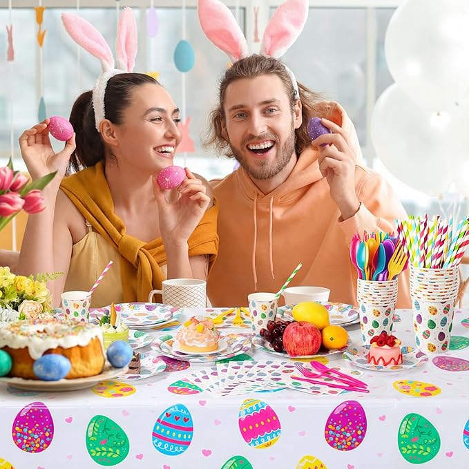 Funnymoom 452 Pcs Easter Party Supplies for 50, Colorful Easter Egg Paper Plates Napkins Cups Tablecloth Cutlery Straws Disposaable Tableware Set for Spring Birthday Baby Shower Party Decorations