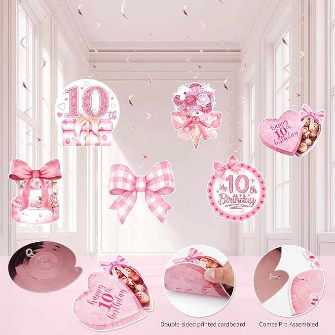 10th Birthday Decorations for Girl, Pink Bow Themed Party Supplies Includes "I'm 10" Banner, Backdrop Hanging Swirls, Centerpieces Number 10 Balloon & Mini Bow Balloons for Double Digits Birthday Girl