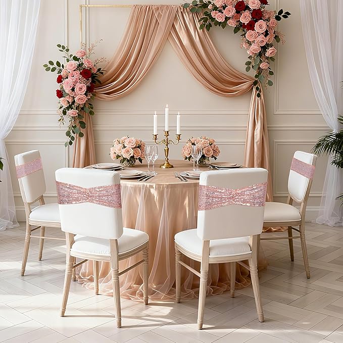 SquarePie Rose Gold Sequin Chair Sashes Bows 120 Pcs Glitter Chair Back Cover Ties Bands for Wedding Banquet Party Decor