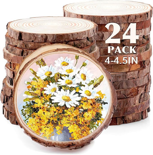 24 Pcs Unfinished Natural Wood Slices for Crafts.4-4.5 Inch Wood Rounds for Craft Supplies. Wood Circles with Tree Bark for Christmas Ornaments,DIY Gifts,Wood Coasters.Painting.