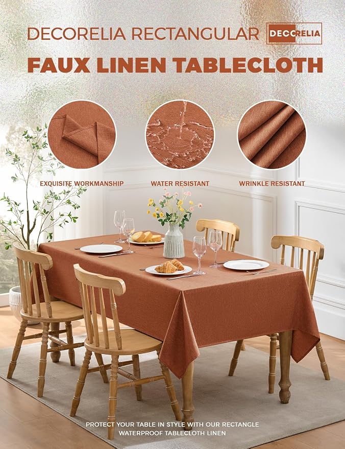 Faux Linen Farmhouse Table Cloth 60"x144" for 10 ft Rectangle Table, Burnt Orange Waterproof Outdoor Washable Cloth Tablecloth for Rectangular Dining Room Kitchen Outdoor Party Restaurant Table
