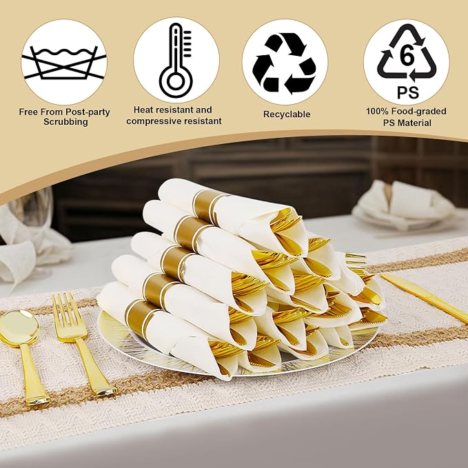 Zcaukya 200PCS Disposable Pre-wrapped Silverware for 50 Guests, Elegant Gold Plastic Dinnerware Utensil Set for Birthday Parties Weddings, with 50 Napkins, 50 Forks, 50 Knives, 50 Spoons