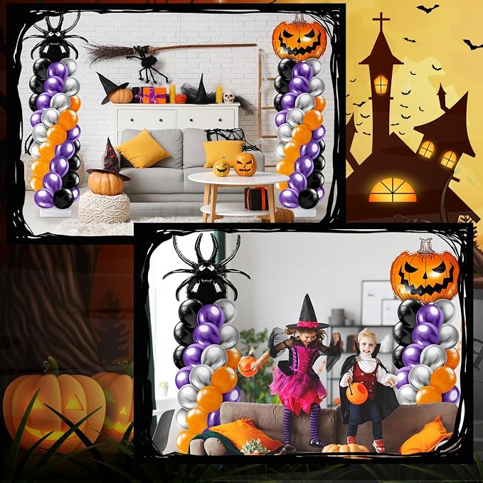 Kasyat 2 Sets Halloween Balloon Column Stand Kit with Scary Pumpkin Spider Foil Balloon Orange Purple Black Silver Arch Garland Kit for Spooky Birthday Party Halloween Theme Decoration