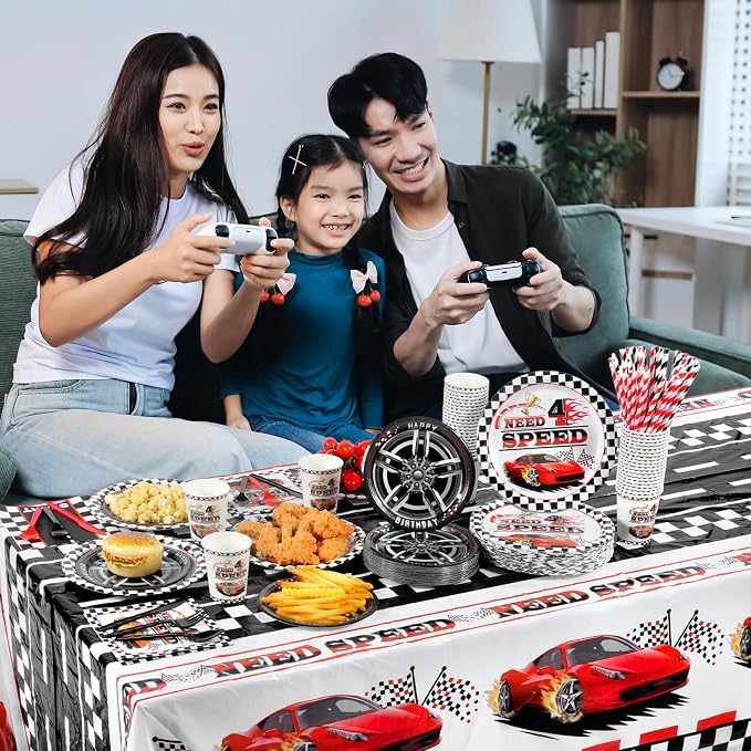 LemonRoad 452 Pcs Need Four Speed Birthday Decorations 4th Race Car Party Tableware Disposable Paper Plates and Napkins Set Need 4 Speed Decorations for Boy Kids Race Car 4 Years Birthday