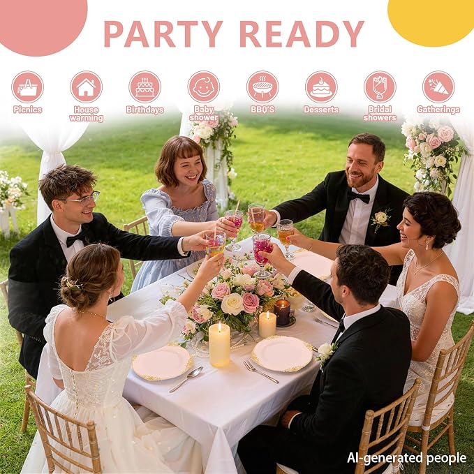 102PCS Pink Plastic Plates - Pink and Gold Plate - Heavyweight Disposable Plate with Gold Rim - Fancy Dinner & Dessert Plates for 51 Guests Weddings & Parties