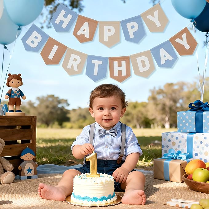 Felt Blue Khaki Happy Birthday Banner Birthday Decorations for Women Girls Boys Men Pets Handmade Party Backdrop
