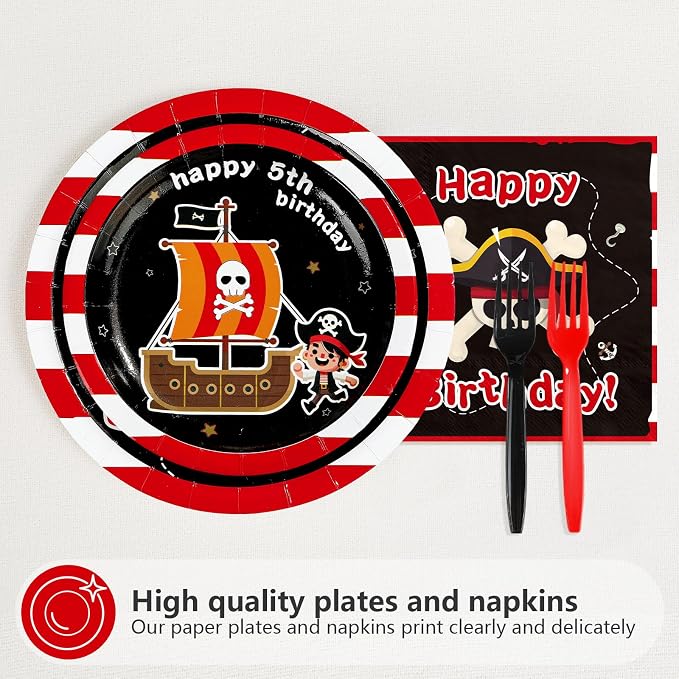 96Pcs Pirate 5th Birthday Party Decoration Pirate Fifth Birthday Plates and Napkins Red Black Ship Skull Disposable Paper Tableware Set for Kids Boys 5 Year Old Party Supplies Serves 24