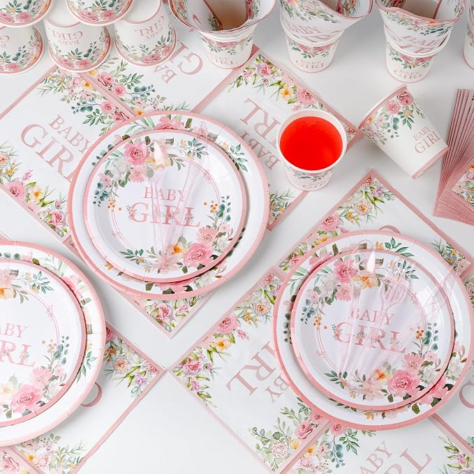 350 Pieces Baby Shower Decorations for Girl Serves 50 Guests, Floral Disposable Dinnerware Set, Pink and Rose Gold Paper Plates Cups Napkins with Plastic Cutlery
