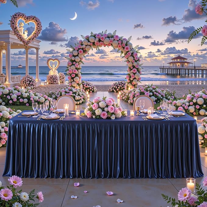 Wish Care 8 Pack Satin Table Cover Skirts for 6ft Rectangular Tables, Navy Blue Shimmer Silk Tablecloth with Floor Length Ruffle for Wedding Banquet Party Buffet Decoration