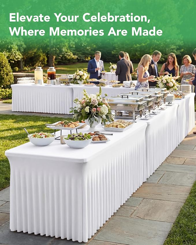 4 Pack Spandex Table Cover Skirts for 6ft Rectangle Tables, White Stretch Table Cloths with Floor-Length Ruffle, Elastic Fitted Skirted Tablecloth for Elegant Wedding Banquet Party Buffet Decoration