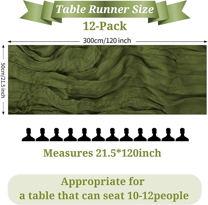 12 Pack Olive Green Cheesecloth Table Runner, 10FT Cheesecloth Rustic Boho Table Runner Long Romantic Semi Sheer Table Runner for Wedding Baby Shower Birthday Bridal Party Decorations(21.5×120 Inch)