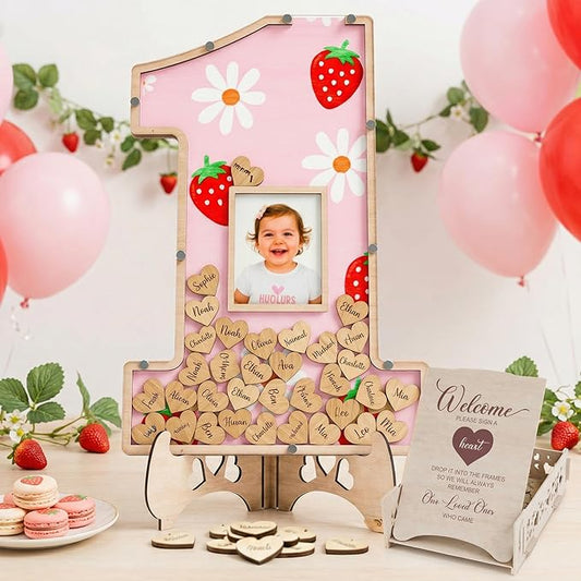 The Real Bossy Baby - Berry First Birthday Guest Book Frame Keepsake- Strawberry Birthday Decorations - 1st Birthday Sentimental Gift Ideas - Large Premium Wooden Shadow Box Keepsake - Nursery Photo Frame Decor