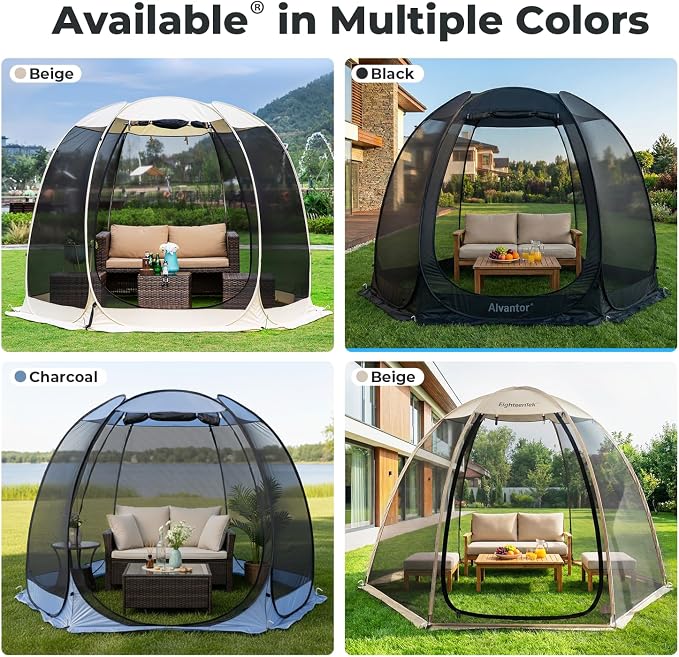 Alvantor® Pop Up Screen House Tent 10x10 FT, Snap-fit Black Mesh Screen Gazebo with Peaked Roof, Portable Screen Room Canopy Shelter with Sandbags for Camping, Backyard, Picnic