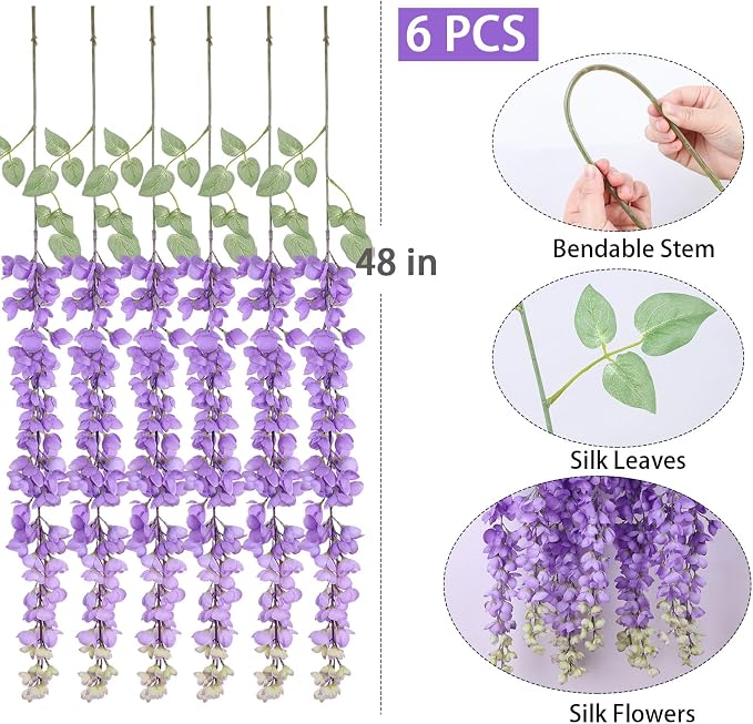mizii 6Pcs Purple Wisteria Hanging Flowers 48" Silk Wisteria Artificial Flowers Garland Vines Fake Hanging Flowers Decoration for Wedding Flower Wall Backdrop Centerpieces Party Room Decor (Purple)