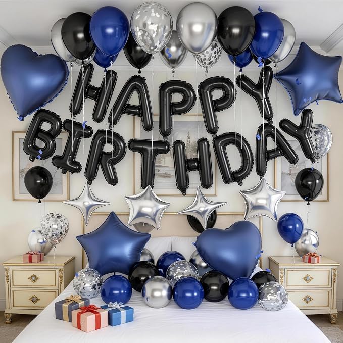 Navy Blue and Black Birthday Decorations for Men Black Pearl Royal Blue Silver Metallic Balloons Confetti Balloon Happy Birthday Banner Heart Balloons 18/10 Inch Star Balloon for Bday Party Supplies