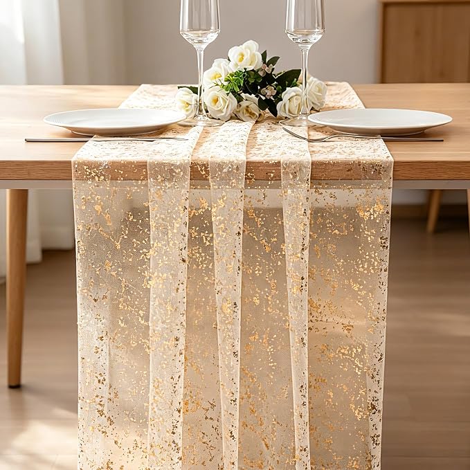 BINBE 6PCS Gold Table Runner 10Ft Gold Sheer Table Runner Chiffon Fabric Cheesecloth Sequin Glitter Table Runner for Wedding Birthday Bridal Shower Party Decor