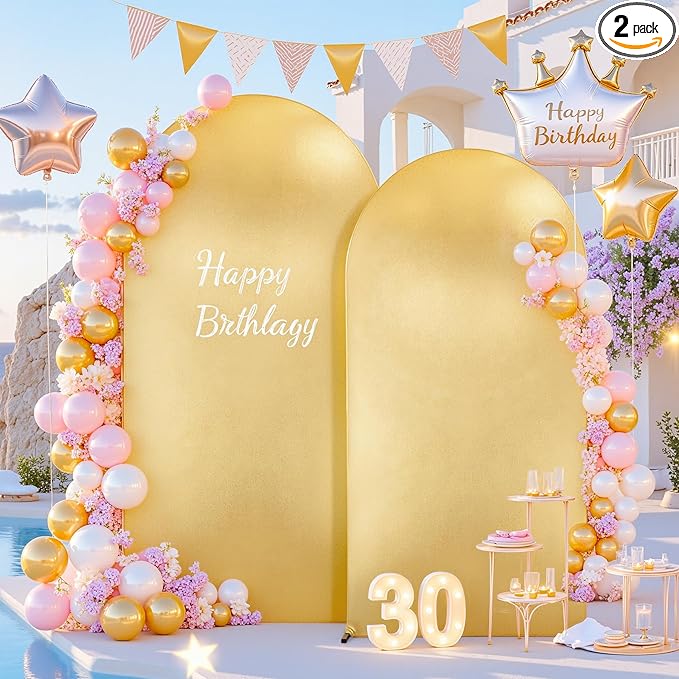 Gold Yellow Arch Covers 7.2 and 6ft Sequin Sparkly Birthday Party Arch Backdrop Covers Set of 2 Spandex Shimmer Balloon Arch Stand Cover for Wedding Bridal Shower Baby Shower Photo Arches Background