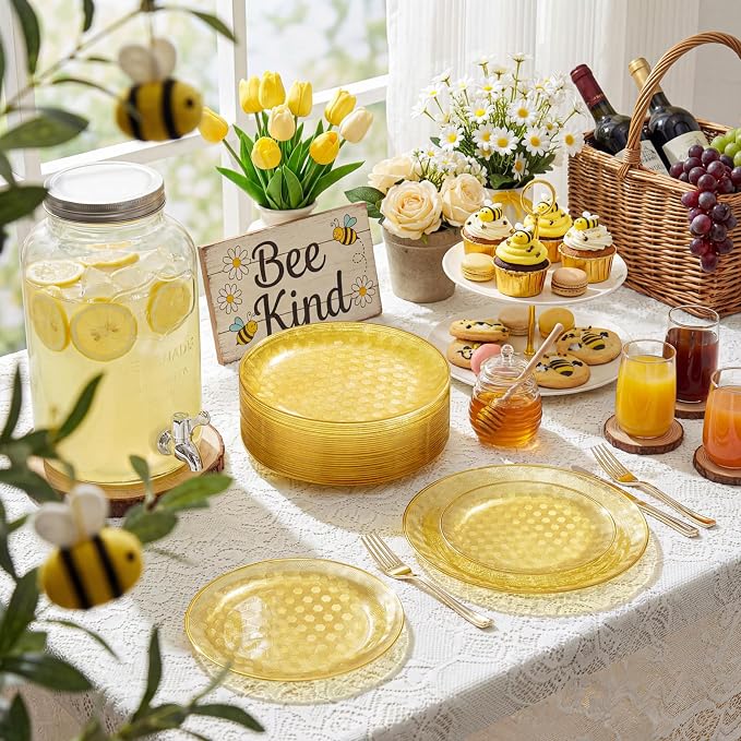Festiva 60PCS Clear Yellow Gold Plastic Plates - Heavy Duty Fancy Disposable Plates With Gold Rim -serve for 30 guests Include 30PCS 10.25" & 30PCS 7.5" Honeycomb Design Plates for Party(Yellow)