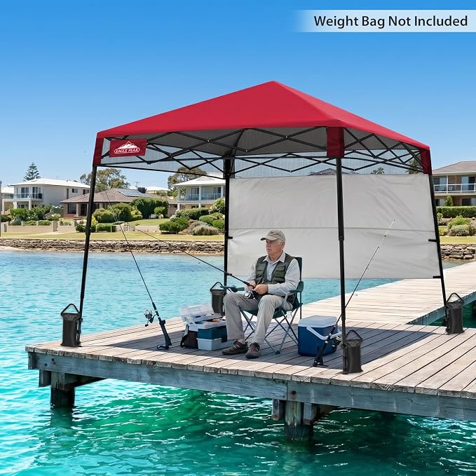 EAGLE PEAK 8x8 Pop Up Canopy Tent with Sidewall, Compact, Portable Slant Leg Instant Sun Shelter for Beach, Sports, & Camping, 8x8 Base 6x6 Top, Red