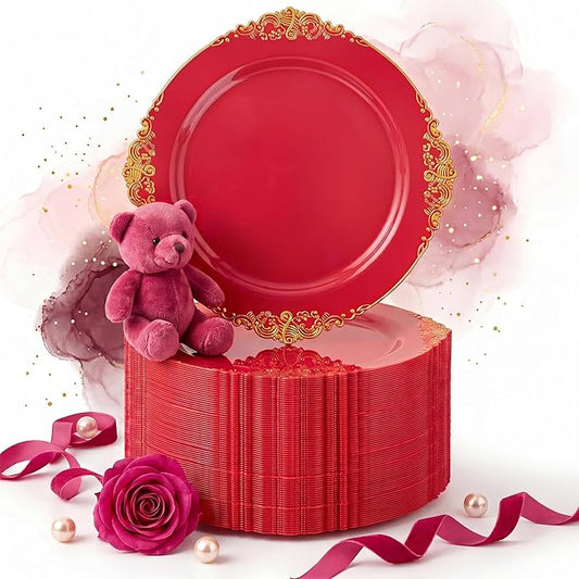 Nervure 100Pcs Red and Gold Plastic Plates - 7.5inch Red Disposable Plates - Heavyweight Plastic Plate - Dessert Plate for Wedding & Party & Mothers Day