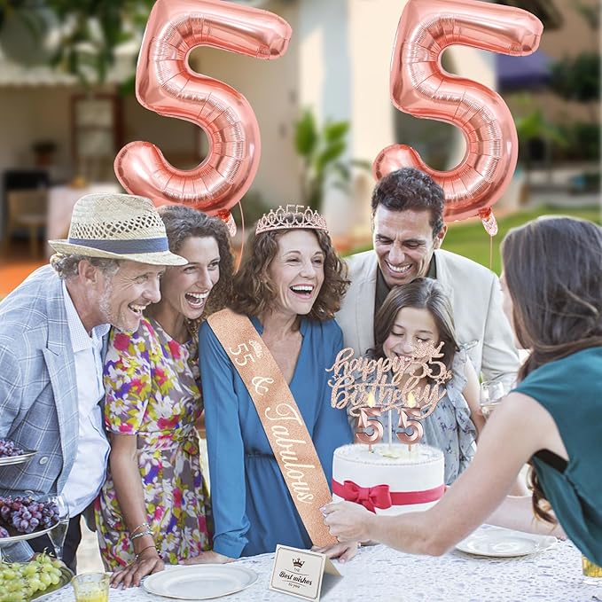 55 Birthday Decorations for Women, Including 55th Birthday Sash and Tiara, Cake Topper and Candles, Number Balloons, 55 Year Old Gifts for Women