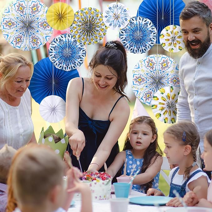 Feifeiya 12 Pcs Capri Lemon Hanging Paper Fans 8'' 12'' 16'' Blue and Yellow Capri Lemon Paper Fans Set Round Porcelain Print Hanging Summer Mediterranean Decorations for Birthday Wedding Events Party