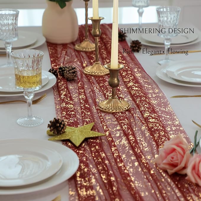 Snowkingdom Burgundy Gold Gauze Table Runner 10 Ft, Glitter Sheer Metallic Foil Sparkly Table Decor Centerpiece for Wedding, Party, Bridal Shower, Banquet, Elegant Dinner Anniversary Holiday Birthday