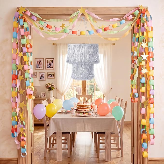 Blueweenly Fancy Princess Birthday Party Decorations Paper Chain Garland Strip Ceiling Party Classroom Decor Crepe Streamer Glitter Star Chandelier Balloons for Wedding Birthday(Macaron,Large,5 Pcs)