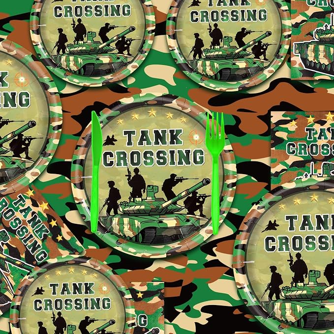 182Pcs Camo Birthday Party Supplies,Army Camouflage Theme Paper Plates Napkins and Tableware Set for Army Military Birthday Decorations,Serves 30