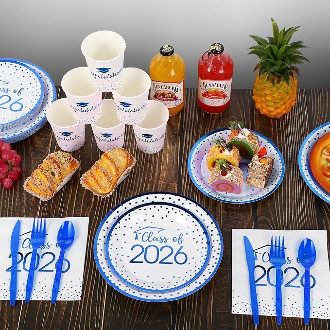 175pcs Class of 2026 Graduation Plates and Napkins Set, Disposable Paper Plate Set Polka Dots Napkins Cups Knife Fork Spoon for Graduation Party Decorations and Supplies,Serve 25 (White Blue)