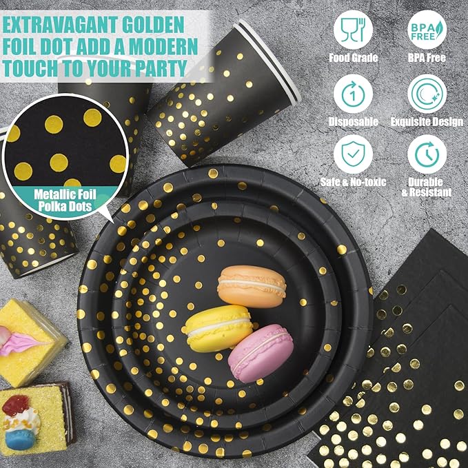 2026 New Years Decorations, 350PCS Black and Gold Party Supplies Disposable Dinnerware Set w/Black Gold Dot Paper Plates Napkins Cups Gold Plastic Fork Knives Spoon for Women Men Birthday Anniversary
