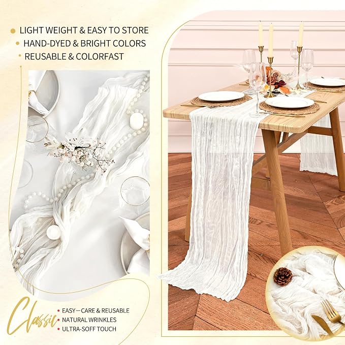 20 Pack Ivory White Cheesecloth Table Runner 10FT Boho Gauze Cheese Cloth Table Runners Romantic Rustic Sheer Table Decorations for Wedding Party Baby Shower Birthday Holiday Home