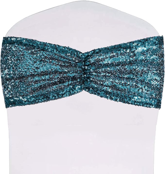 Eternal Beauty 50 Pack Sequin Chair Sashes Glitter Band Teal Chair Sashes for Wedding Cover Decoration