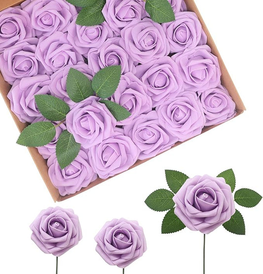 Artificial Flowers Realistic Roses, 50pcs Real Looking Fake Roses with Stem for DIY Wedding Bouquets Centerpieces Bridal Shower Party Home Romantic Decorations (Regular 3" - 50pcs, Light Purple)