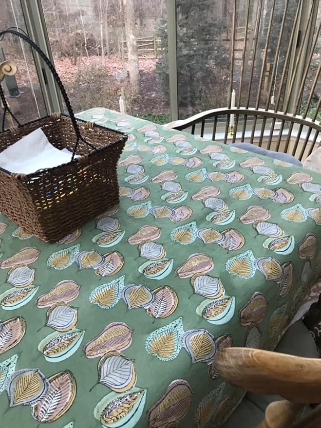Ridhi Peppermint Green Hand Block Print Cotton Rectangle Tablecloth 190" x 72" inches Reusable Table Cover Decorative Everyday Use for Dining Room, Farmhouse, Home Gift for Spring, Mother's Day