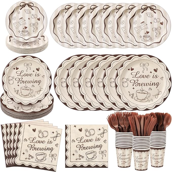Ziliny 280 Pcs Love Is Brewing Bridal Shower Decorations Disposable Tableware Set Coffee Theme Paper Plates Napkins Plastic Knives Forks Spoons for Bachelorette Party Supplies Baby Shower Serves 40