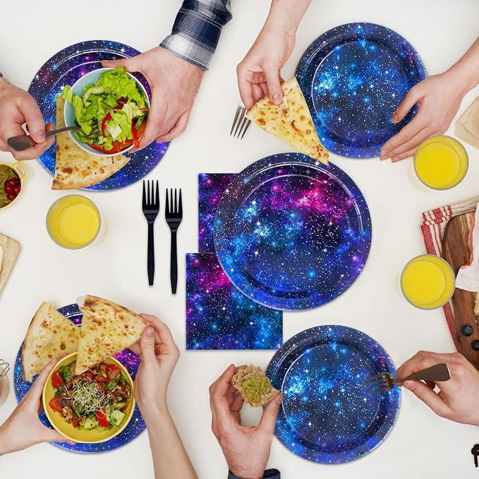 Space Galaxy Party Supplies Tableware Set Outer Space Birthday Party Decorations Starry Night Planet Solar System Paper Plates Napkins Forks for 24 Guests