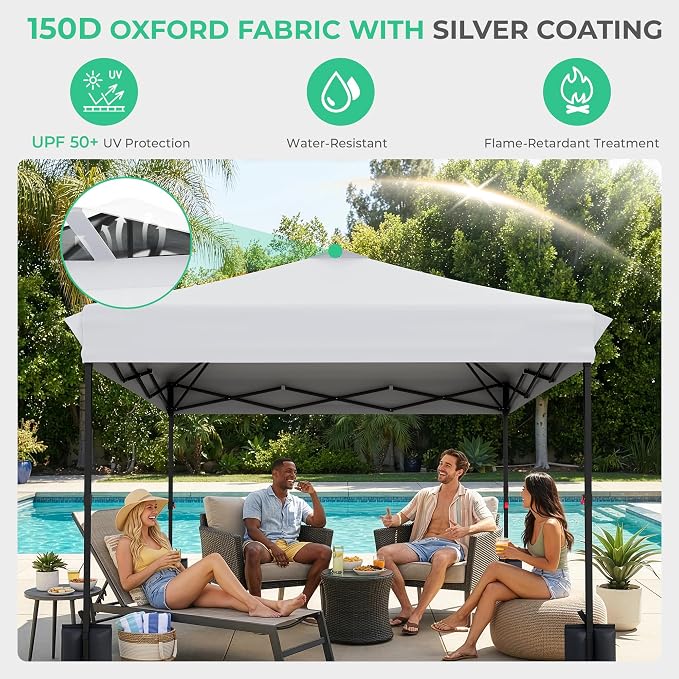 JEAREY 10x10 ft Pop Up Canopy Tent, Heavy Duty Outdoor Canopy with 1-Push Instant Setup, Commercial Tent with Roller Bag, 4 Sandbags and 8 Stakes, Water-Resistant, Off-White