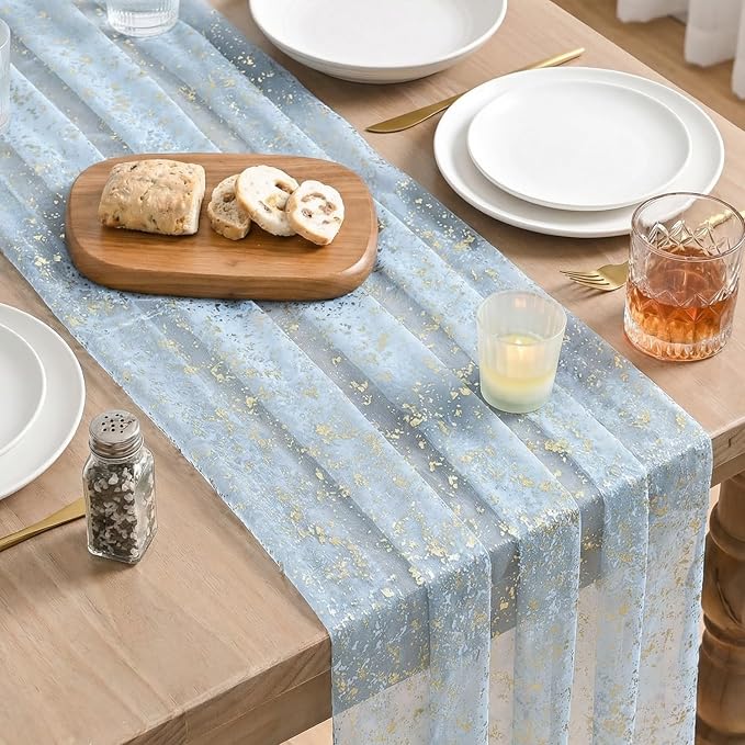 Artoid Mode 3PC Gold Gauze Light Blue Table Runner 120 Inch 10FT, Glitter Metallic Foil Sheer Dining Wedding Anniversary Holiday Birthday Table Decor for Home Party