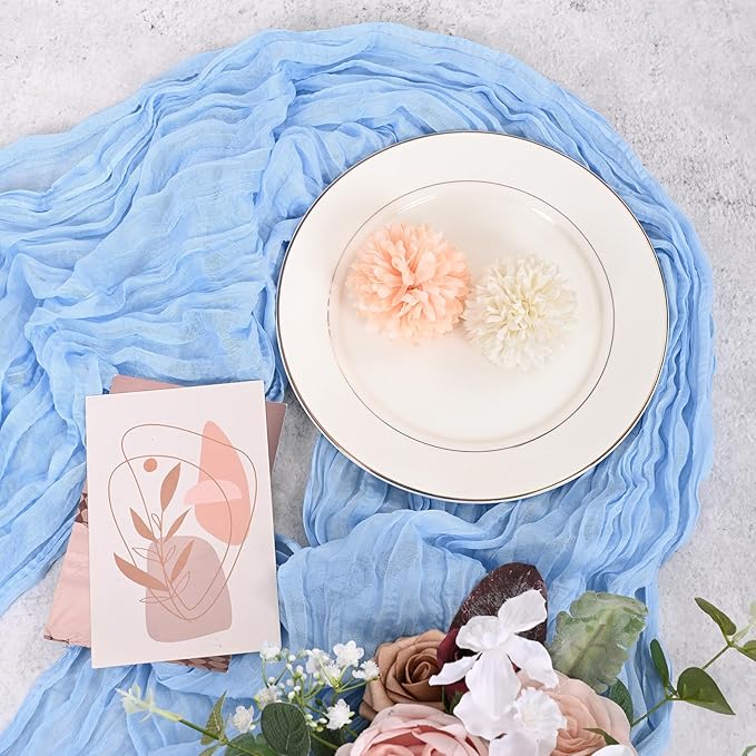 12 Pack Light Blue Cheesecloth Table Runner 120 inch Fall Thanksgiving Boho Rustic Gauze Farmhouse 10FT Cheese Cloth Runner for Baby Shower Wedding Party Holiday Home Decor
