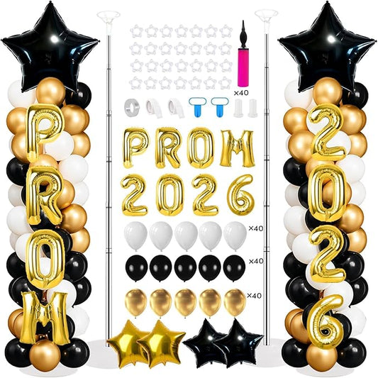 2 Sets Black Gold Balloon Column Stand Kit with Balloons Prom Send off 2026 Prom Themed Decoration Black Gold Balloon Tower Stand for Floor Grad School & College Celebration Party Supplies