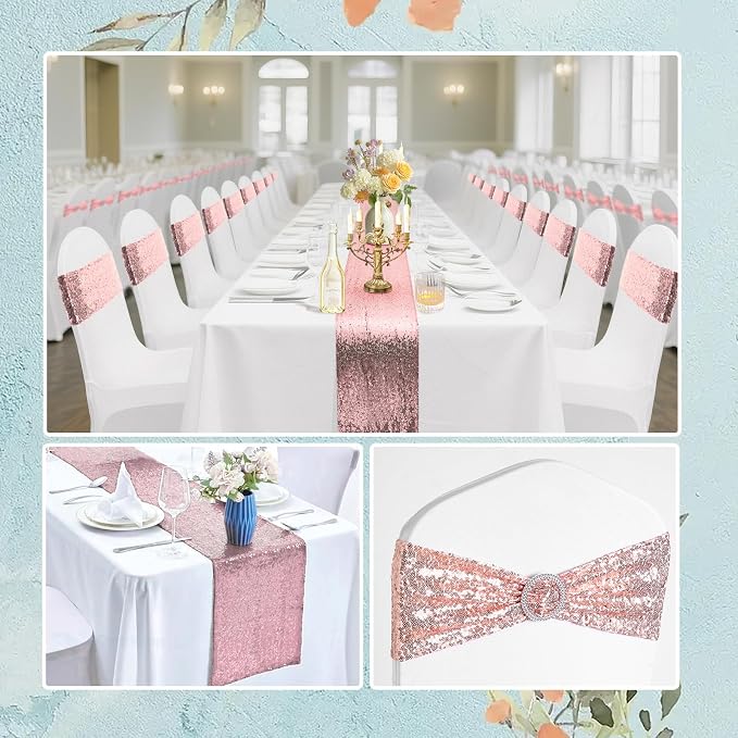 54 Pieces of Rose Gold Sequin Chair Ribbons and Table Runners, 48 Sequin Chair Bows, 6 Glitter Table Runners, Suitable for Wedding Parties Birthday Meeting Events Decorations (Rose Gold)
