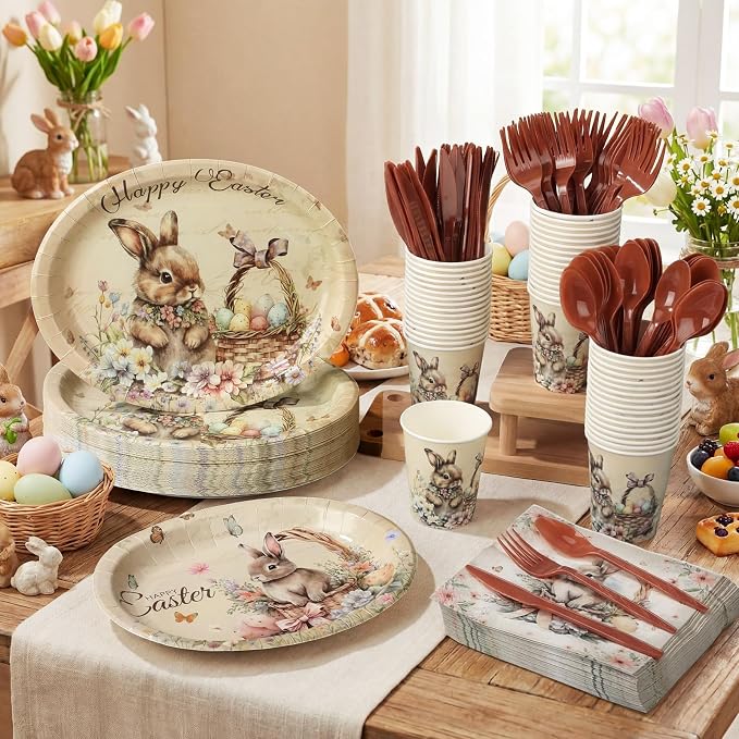 Pajean 350 Pcs Easter Bunny Oval Paper Plates Set with 12 Inch Disposable Vintage Easter Oval Plates and Napkins Bunny Flower Eggs Heavy Duty Dinnerware for 50 Guests Picnic Spring Party Supplies